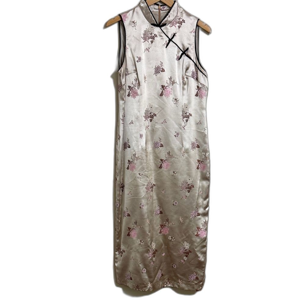 Vintage Robbie Bee Cheongsam Style Dress Cream Floral Sleeveles size 14P Party